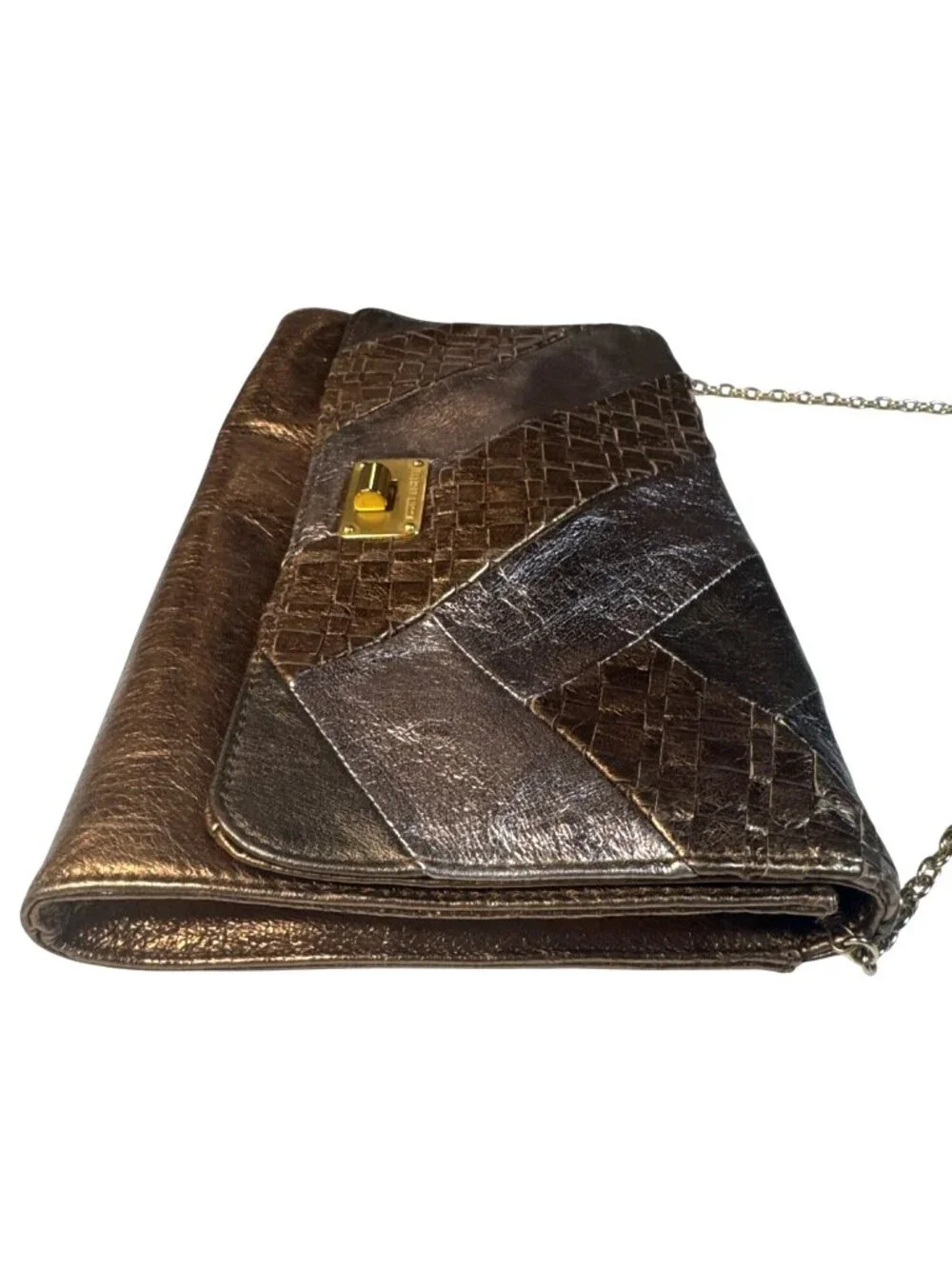 Elliott Lucca Metallic Bronze Woven Leather Chain Clutch Crossbody Bag 11